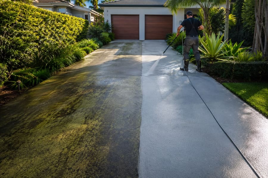 Concrete driveway being pressure cleaned, dirty green surface on one side and clean grey concrete on the other