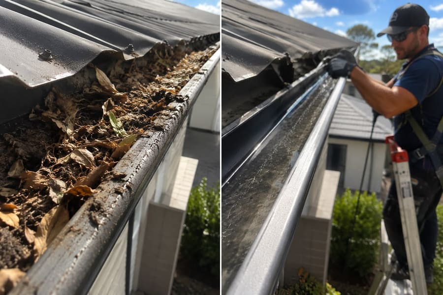 Gutter full of leaves and debris next to the same gutter fully cleaned out